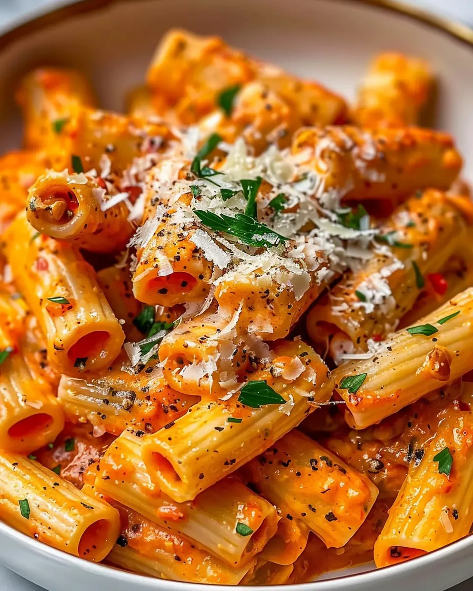 Creamy Tomato Garlic Rigatoni Pasta Recipe with Turkey Bacon Delight