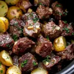 crockpot garlic butter beef bites with potatoes