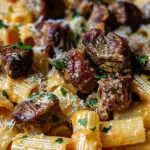 Cajun Steak Tips in Cheesy Rigatoni Parmesan Sauce
