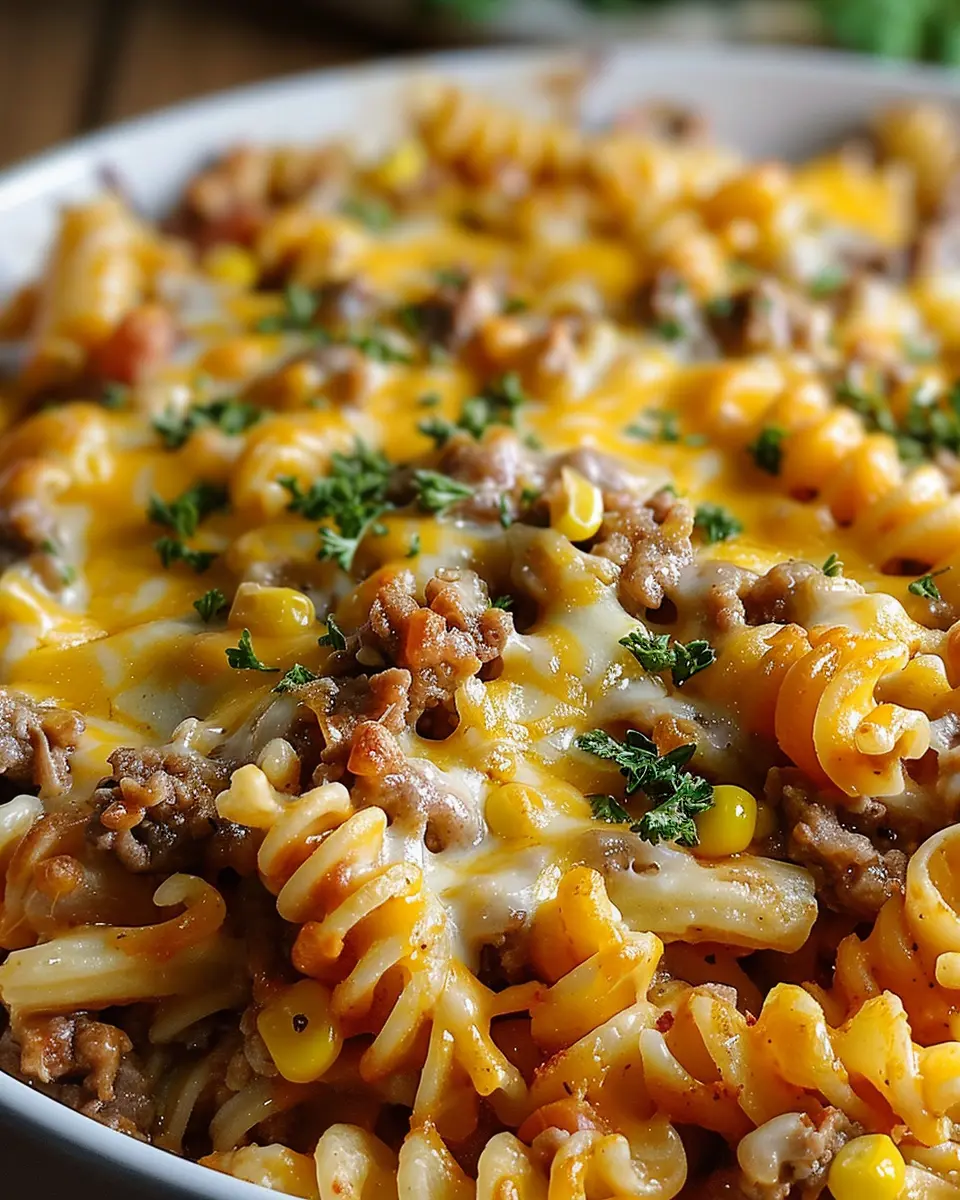 Loaded Cheddar Ranch Beef and Sweet Corn Rotini Bake Delight
