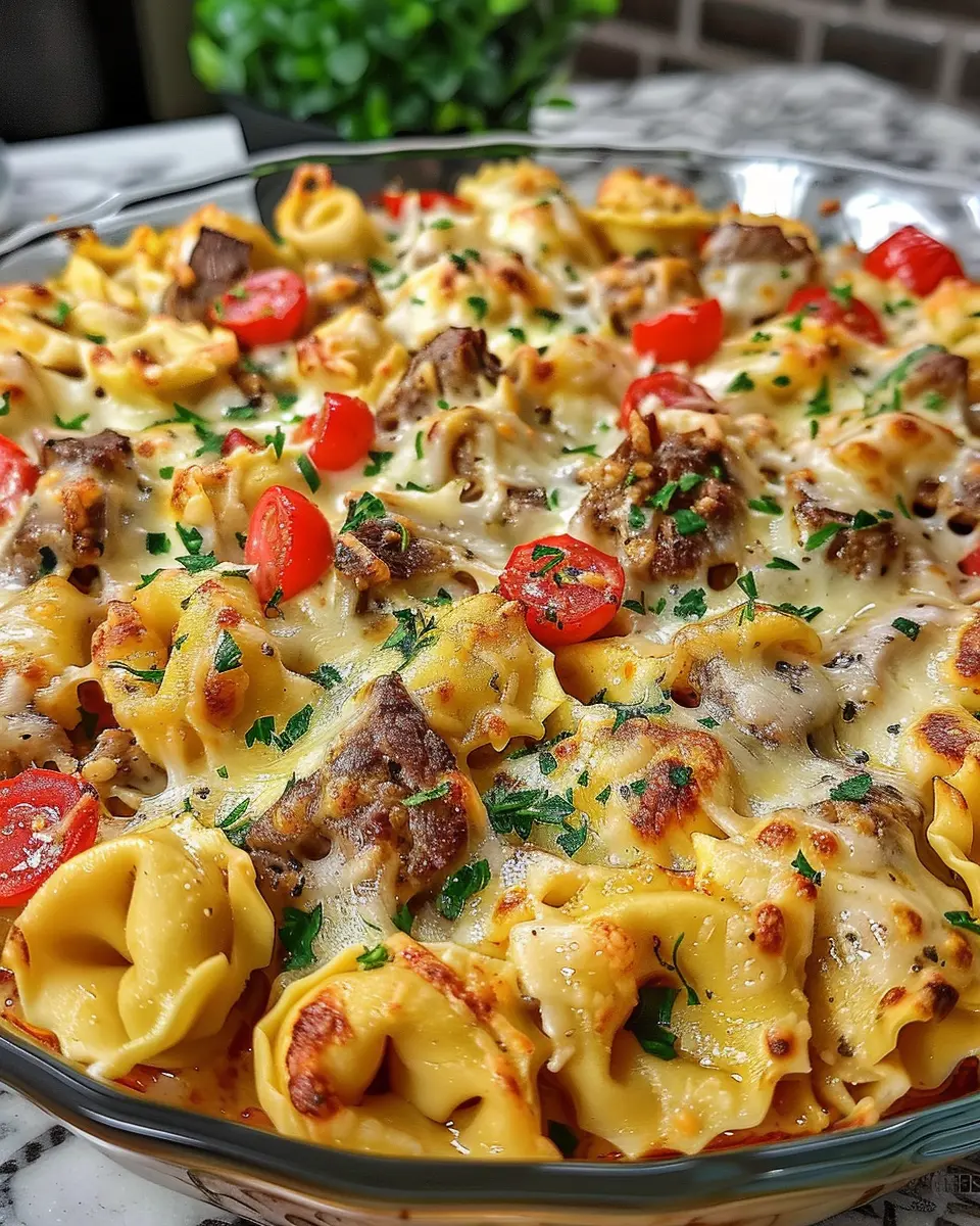 Golden Cheese Steak Tortellini Casserole: An Indulgent Family Favorite