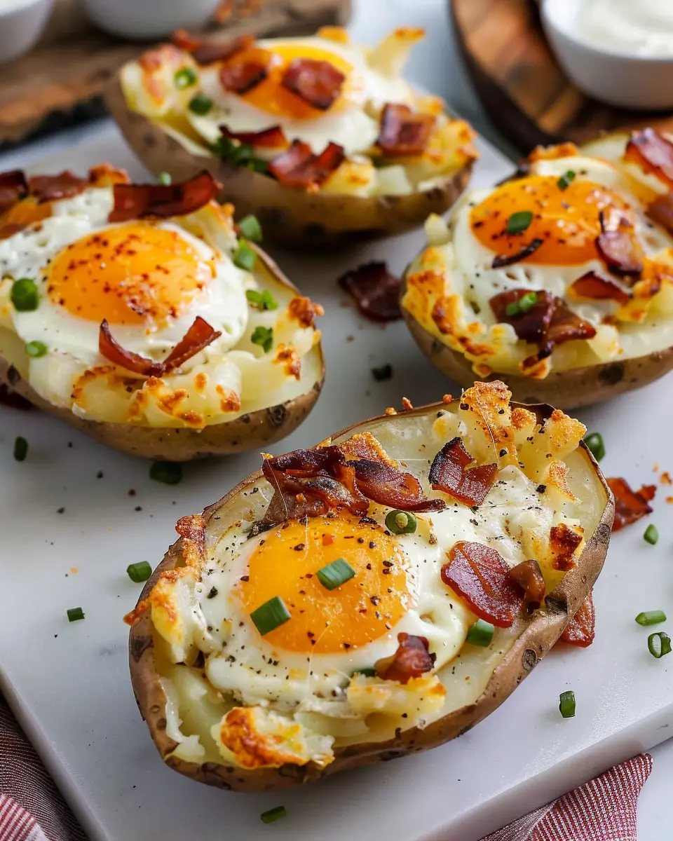 Twice Baked Breakfast Potatoes with Turkey Bacon and Cheese Delight