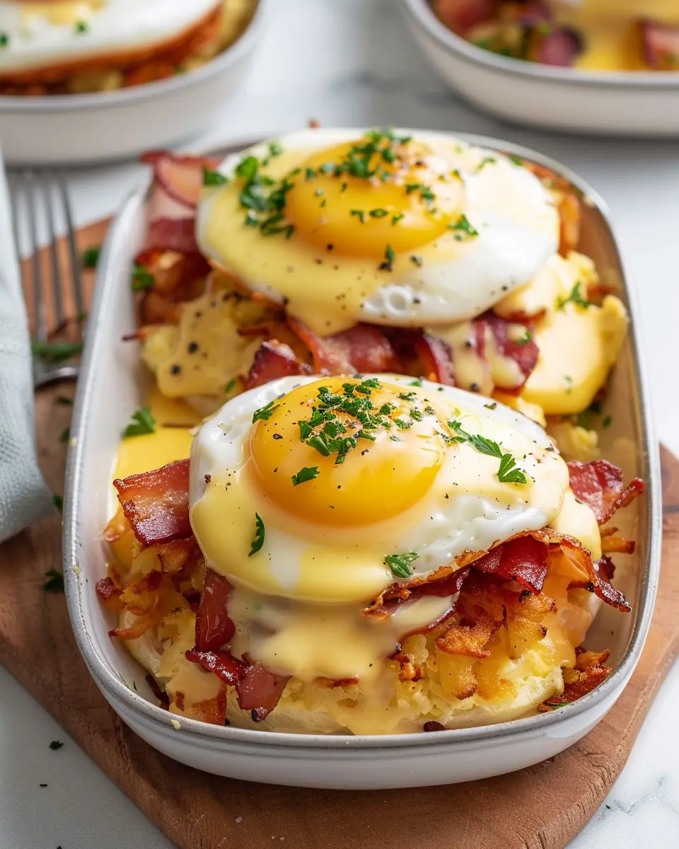 Hash Brown Eggs Benedict Bowls with Turkey Bacon and Chicken Ham