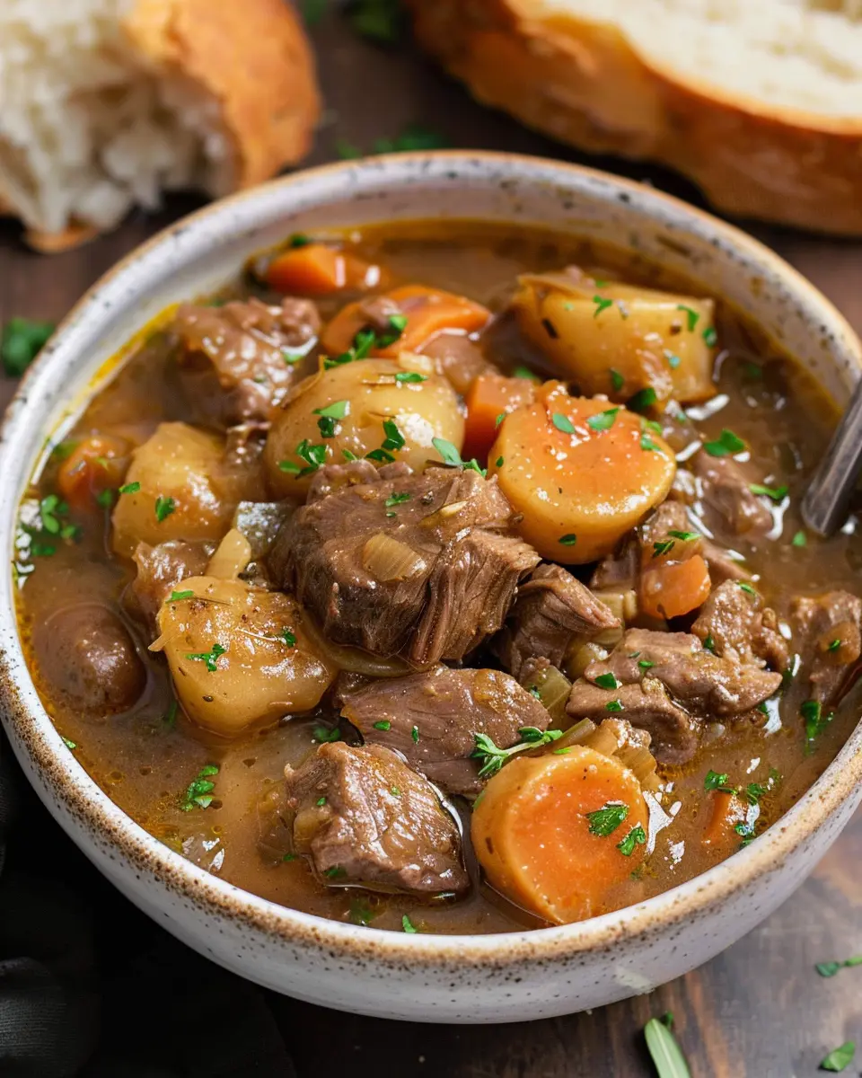 Old Fashioned Beef Stew Recipe with Turkey Bacon and Fresh Herbs