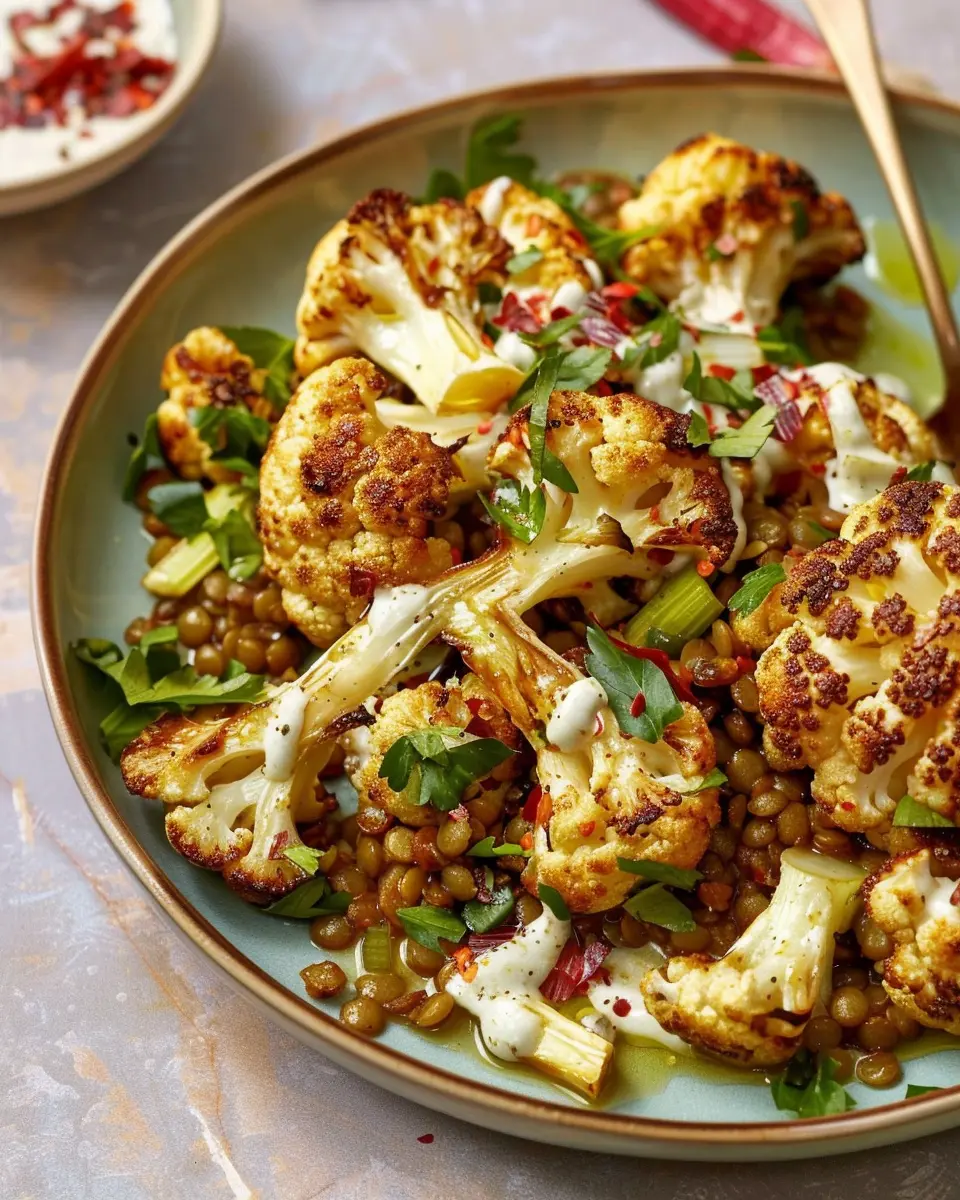 Spiced roasted cauliflower: a hearty delight with lentils and tahini yoghurt